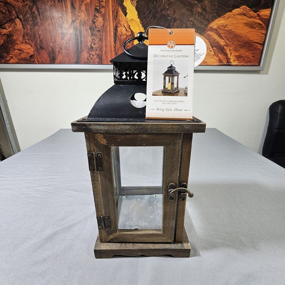 Huntington Home Rustic Wood Decorative Lantern Black Metal Top ALDI NWT